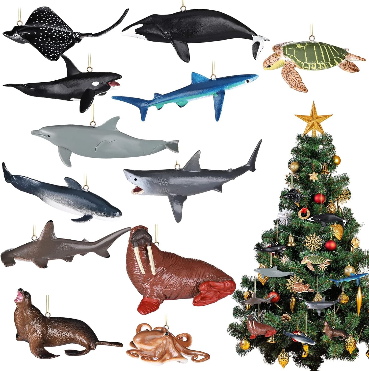 Charniol 12 Pieces Sea and Water Animals Christmas Ornament Set Ocean Underwater Realistic Plastic Marine Creatures Hanging Tree Ornaments for Xmas Kids Enthusiasts, Shark Dolphin Turtle Whale