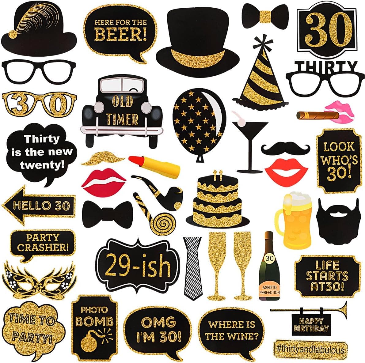 40Pcs 30th Birthday Photo Booth Props Kit,Birthday Graduation Wedding Bachelorette Hawaii Party Decoration Supplies