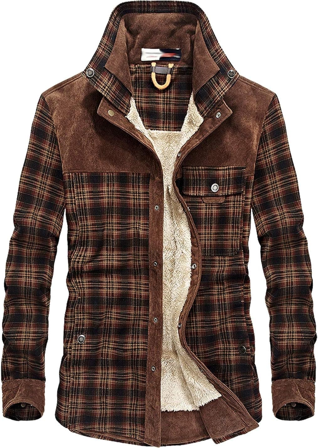 Flygo Men's Casual Long Sleeve Fleece Sherpa Lined Flannel Plaid Shirt Jacket (Large, Red Coffee)