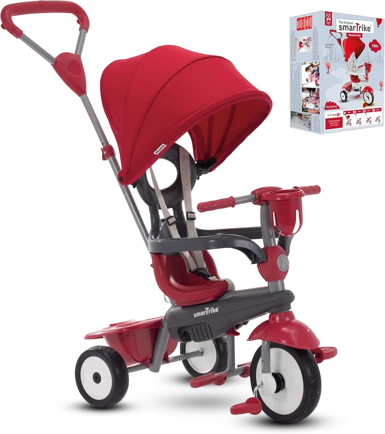smarTrike Breeze Plus Toddler Tricycle Push Bike – Adjustable Trike for Baby, Toddler, Infant Ages 15 Months to 3 Years (Red)