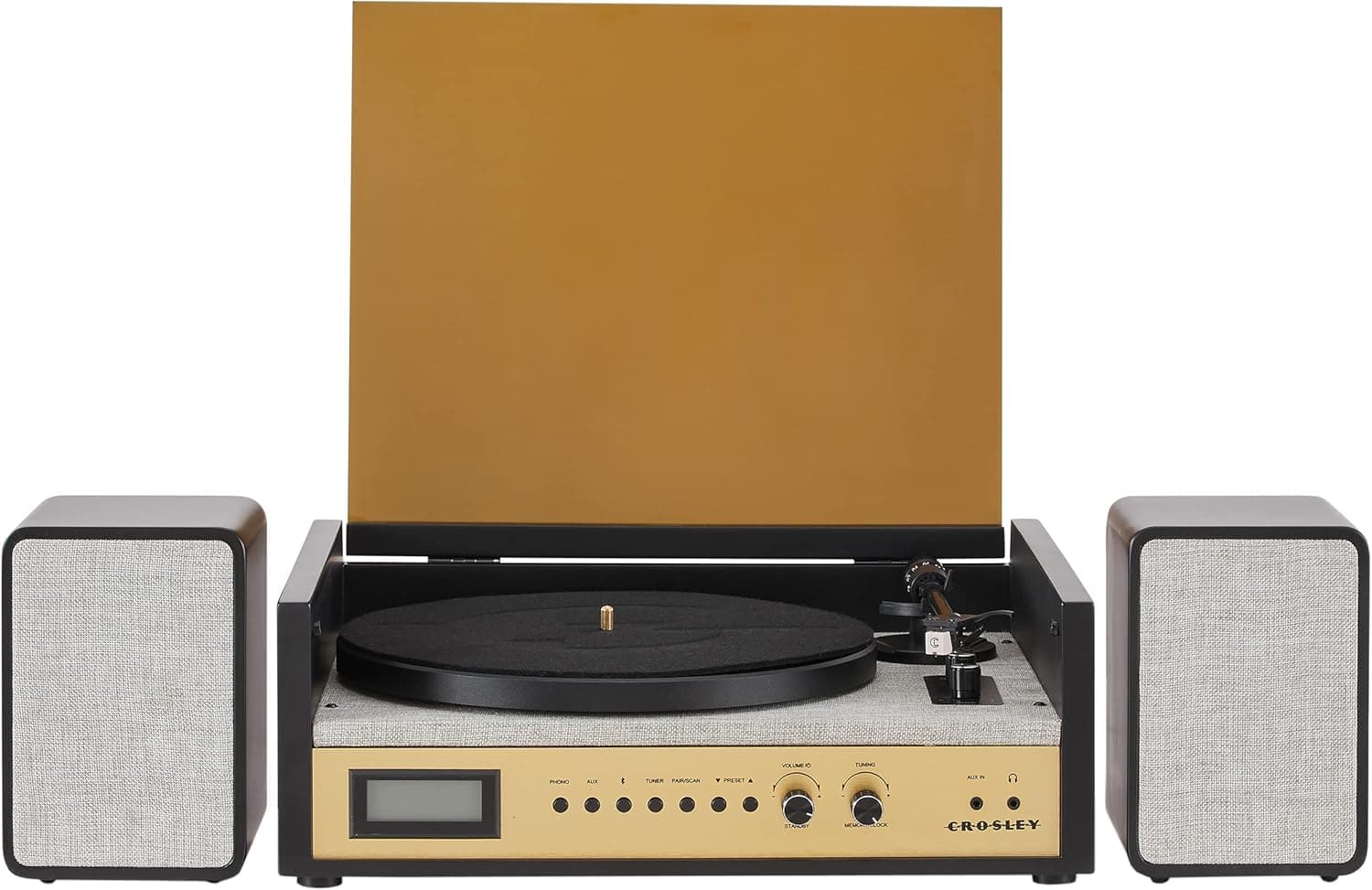 Crosley CR7017B-BK Coda 3-Speed Bluetooth Turntable and FM Radio Shelf System with Matching Stereo Speakers, Black