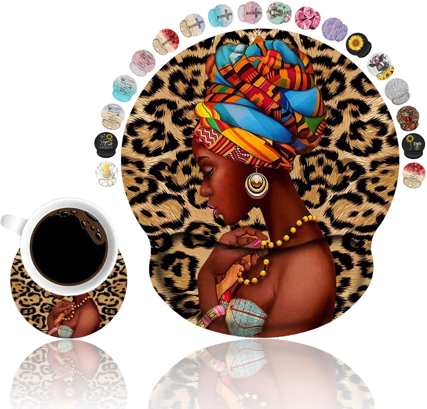 LOWORO Ergonomic Mouse Pad Wrist Support with Coasters Set, Cute Large Wrist Pad with Non-Slip PU Base for Laptop Computer Home Office Working, Leopard Print Background African Women