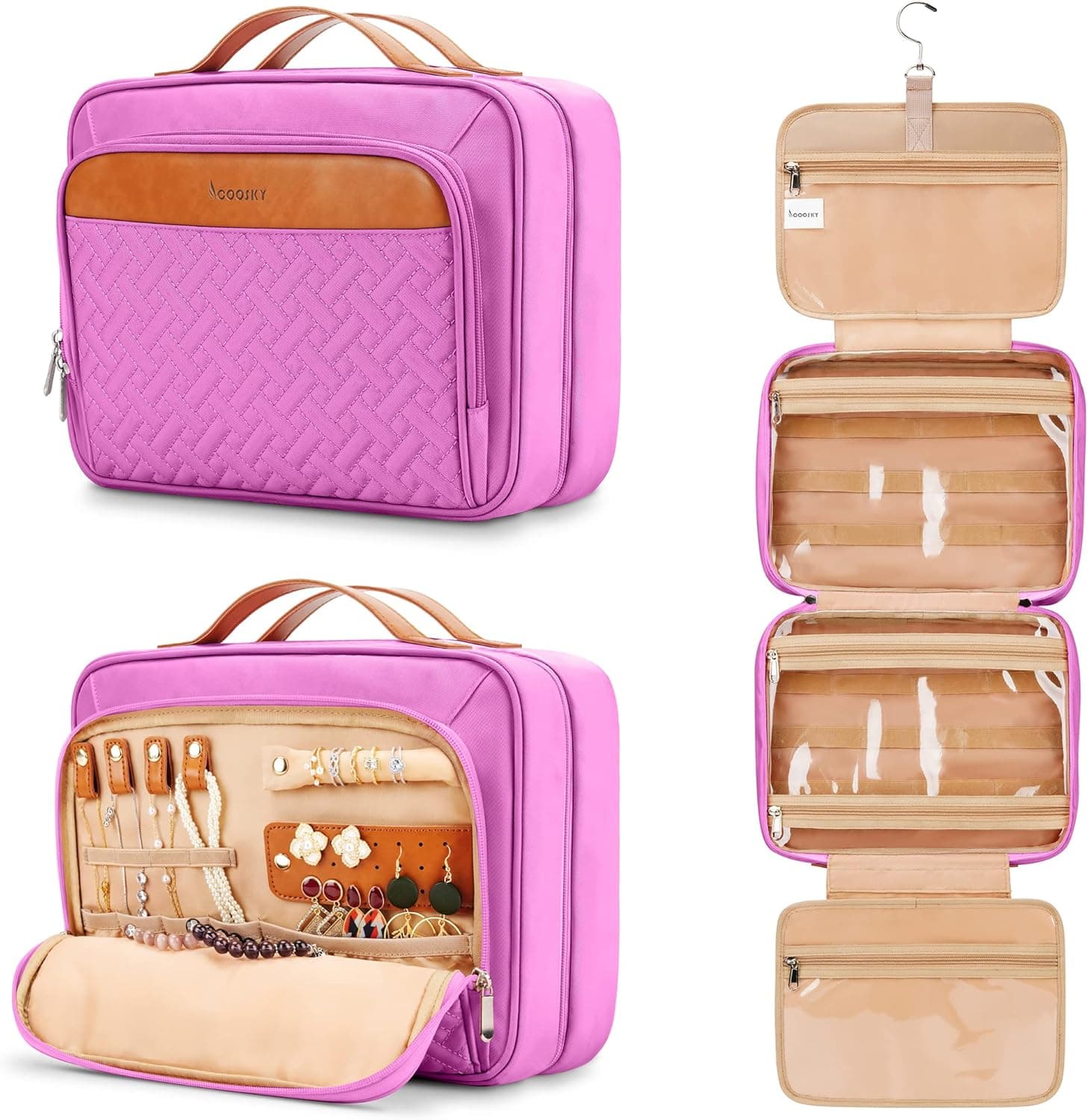 Travel Hanging Toiletry Bag for Women, Holds Full-Size Shampoo, with Jewelry Organizer Compartment, Extra Large Makeup Bag, Waterproof Cosmetic Bag, Toiletries Kit Set with Trolley Belt, Purple