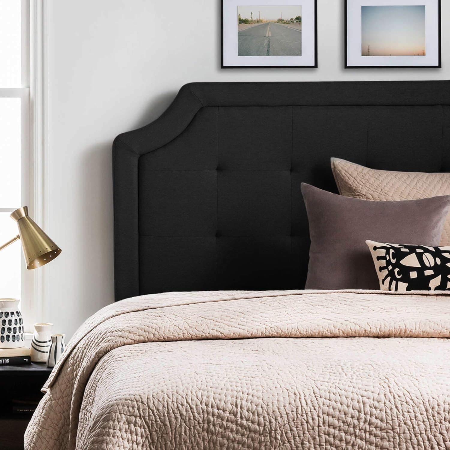 LUCID LUTTSCSTIVHB Bordered Upholstered Headboard with Square Tufting and Scalloped Edges, Queen, Black