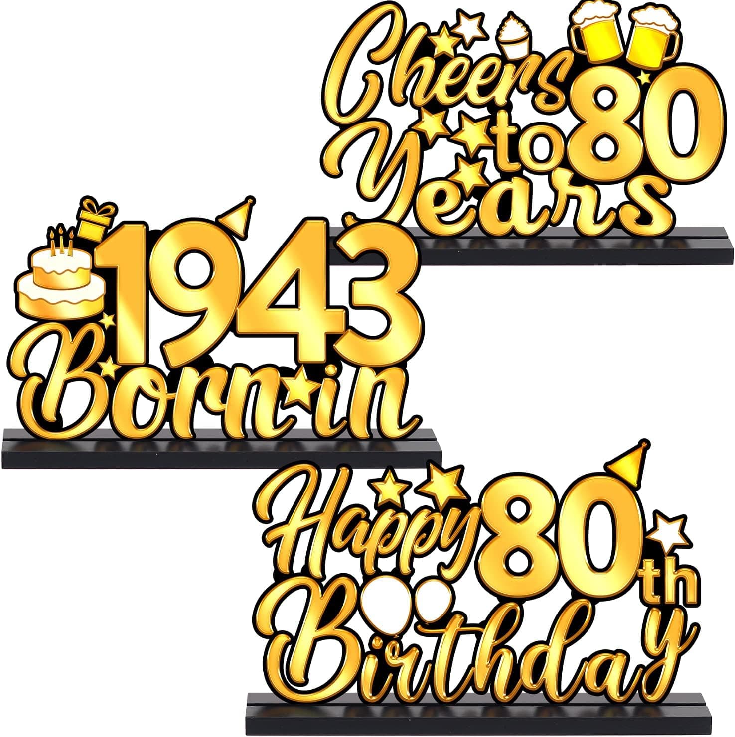 3 Pieces Happy 80th Birthday Party Table Decorations, Born in 1943, Cheer To 80 Years Table Centerpiece Sign Wooden Birthday Presents Congrats for Birthday Party Dinner Table Topper Favors