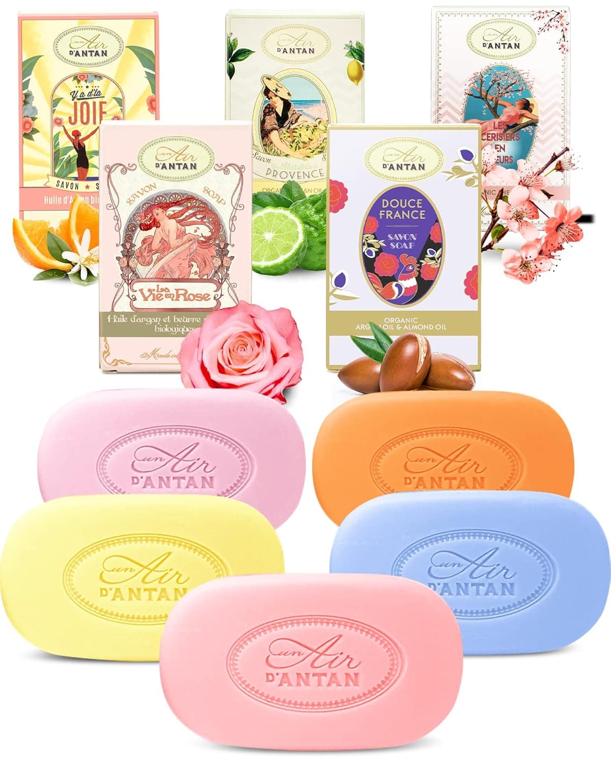 Un Air d'Antan All Natural Soap Bar For Women: Soap Bar Multipack 5x3.52oz South Of France Body Soap Bars Set - Organic Oils - Natural Bar Soap for Women - Handmade Soap - Christmas Set