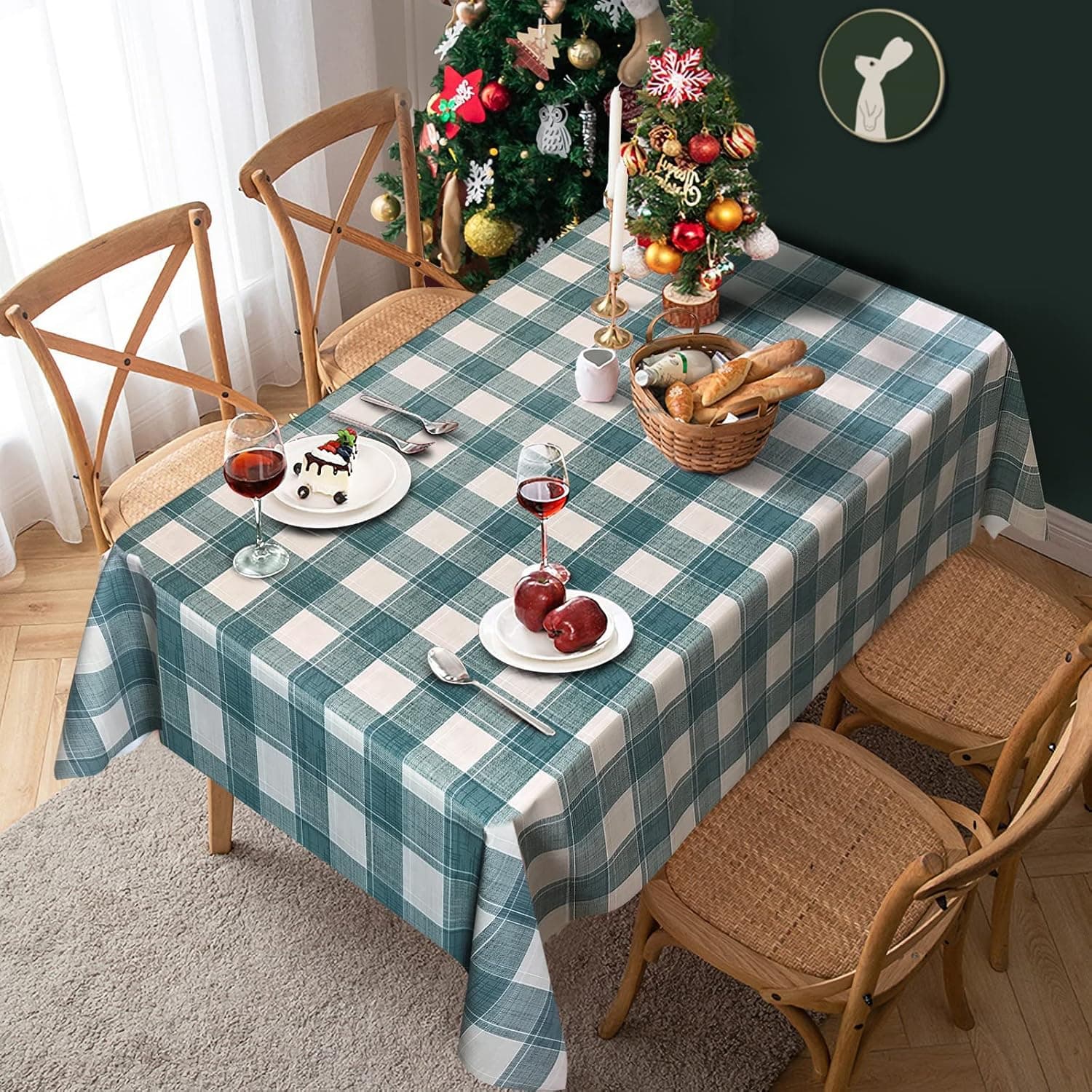LOHOMEVE Vinyl Tablecloth Rectangle, Plastic Table Cloth, Oil Spill Proof Wipeable PVC Table Cover for Spring Indoor Outdoor Picnic Decoration (Green Checker, 54"×108")