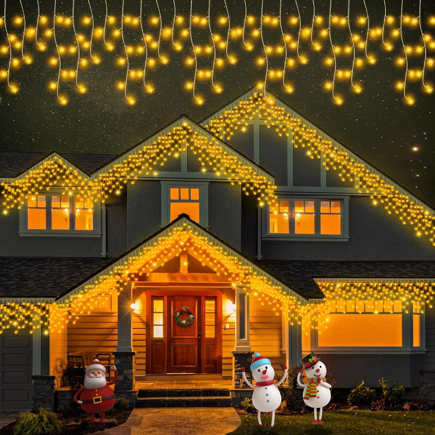 BOLWEO Icicle Christmas Lights Outdoor, 25ft 240LED Christmas Decorations Curtain Fairy String Light with 48 Drops Clear Wire Waterproof Timer & Memory Function for Party Wedding Outdoor Indoor Decor