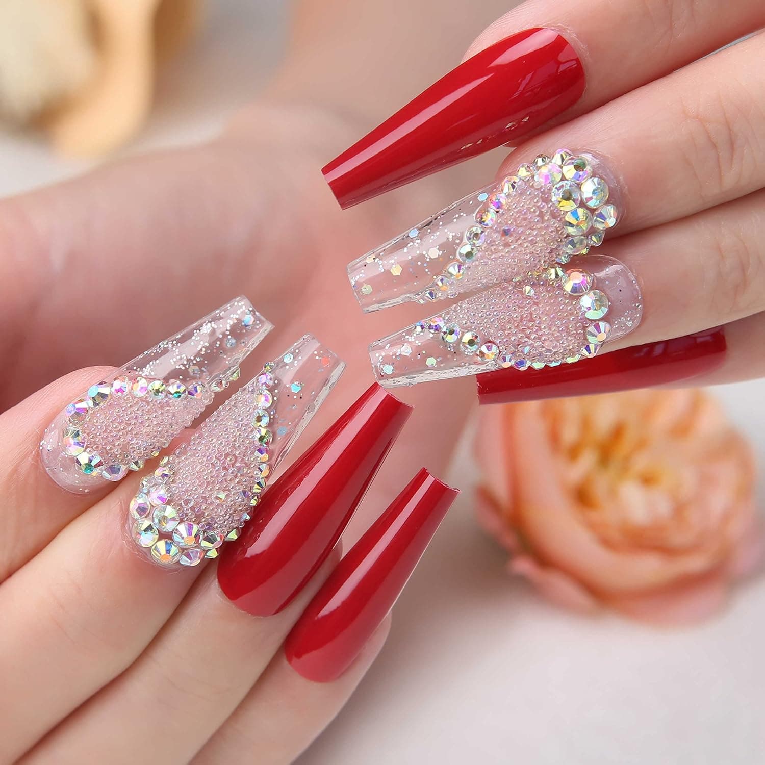 MqpQ Luxury Red Heart Press On Nails Rhinestones Long Coffin Natural Clear Fake Nails With Colorful Caviar Love 24pcs Glossy False Nails For Women