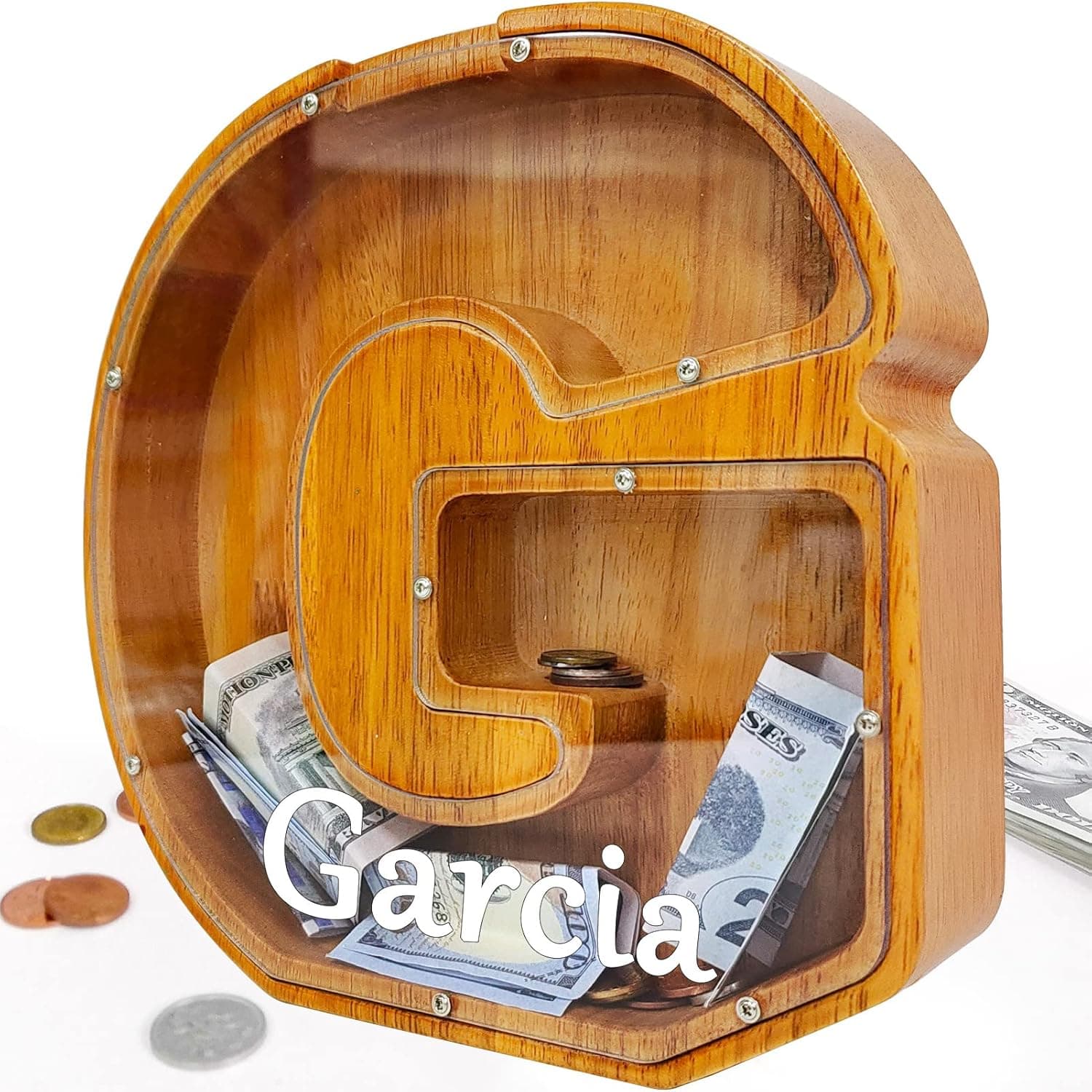 Custom Wooden Piggy Bank, (Laser Engraved Name) Creative Twenty-Six English Alphabet Letter Storage Tank Personalized Letter Coin Bank Customized Wood Toy DIY Name Letter Kids Money Bank (G)