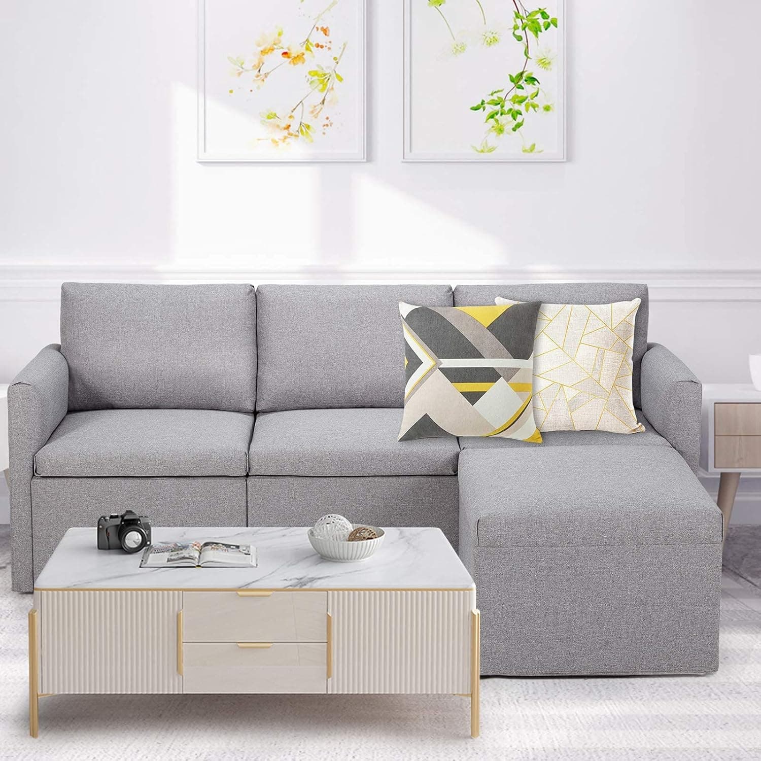 HOMHUM Convertible Sectional Sofa Couch, L-Shaped Couch with Reversible Chaise, Modern Linen Fabric Sofa for Small Space, Grey