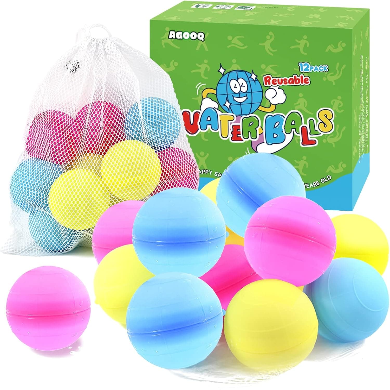Reusable Water Balloons 12 Water Balls Latex-Free Soft Silicone Water Splash Ball with Portable Mesh Bag Quick-Fill Water Bomb for Kids Teens Summer Outdoor Play Pool Party Backyard Fun Water Toys