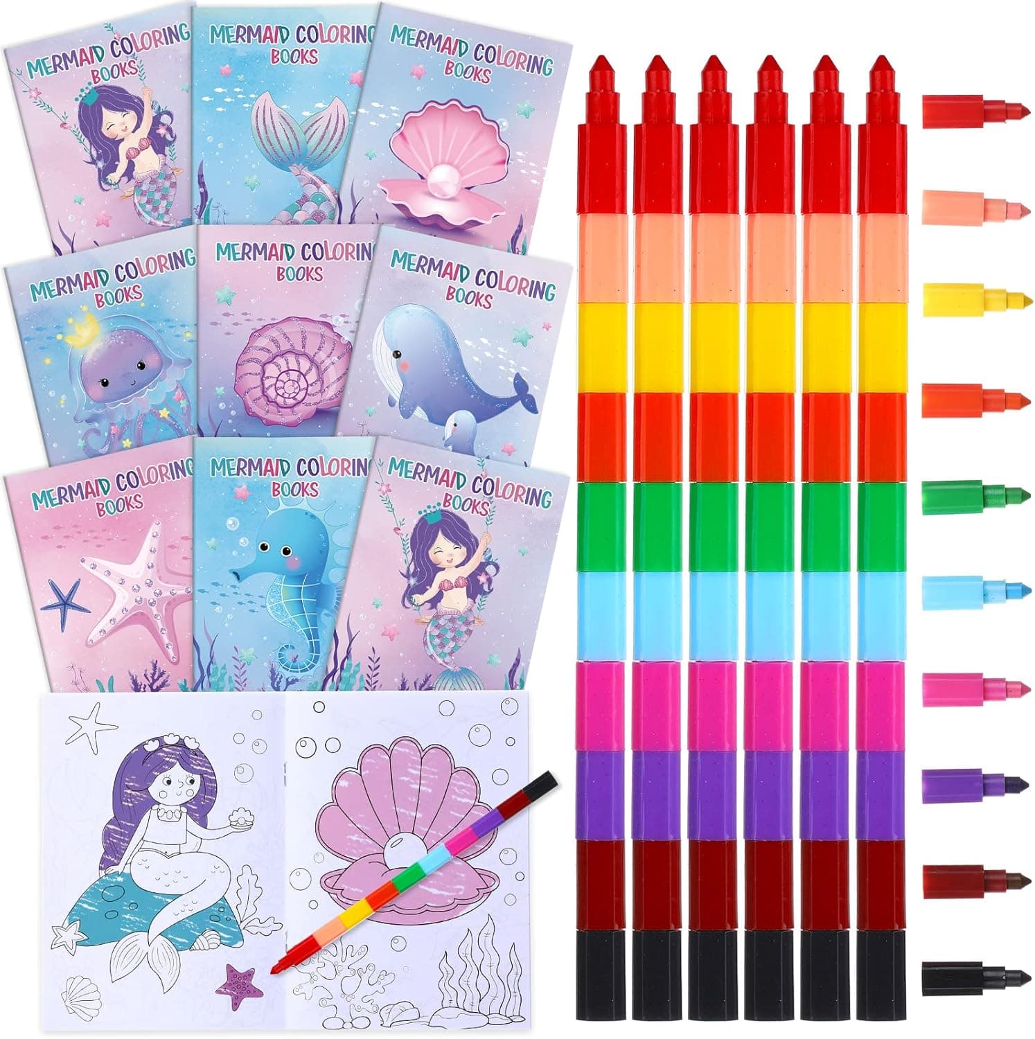 24 Pcs Mermaid Coloring Books with 24 Stacking Crayons for Kids Party Favors Mermaid Theme Activity Books Rainbow Crayons Mermaid Birthday Coloring Books Bulk for Kids Favor Bag Filler Party