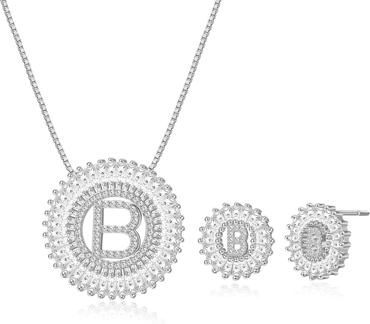 FIBO STEEL Initial Pendant Necklace Stud Earrings Jewelry Set for Women CZ Earring Studs Charm Alphabet Letter Personalized Chain Necklace 14K Real Gold Plated