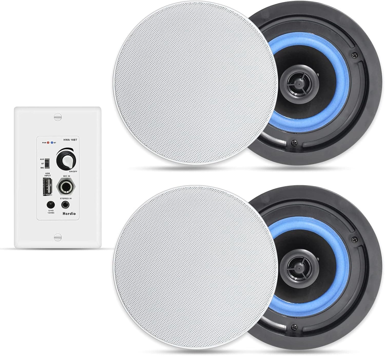 Herdio Bluetooth Ceiling Speakers 4 Inches 2-Way with Amplifier Receiver for Home Theater Living Room Office(4 Speakers)