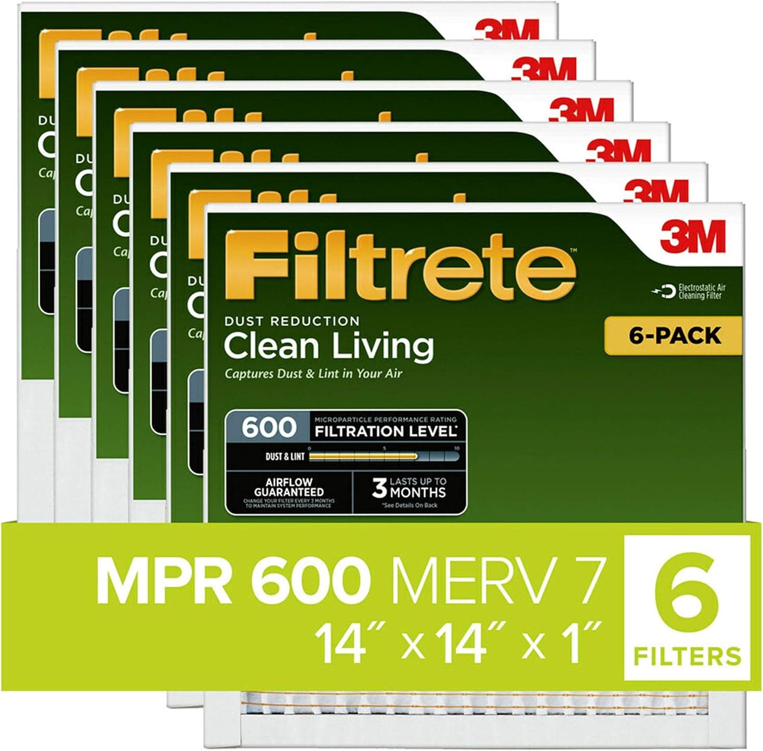 Filtrete Clean Living Dust Reduction AC Furnace Air Filter, MPR 600, 14 x 14 x 1-Inches, 6-Pack