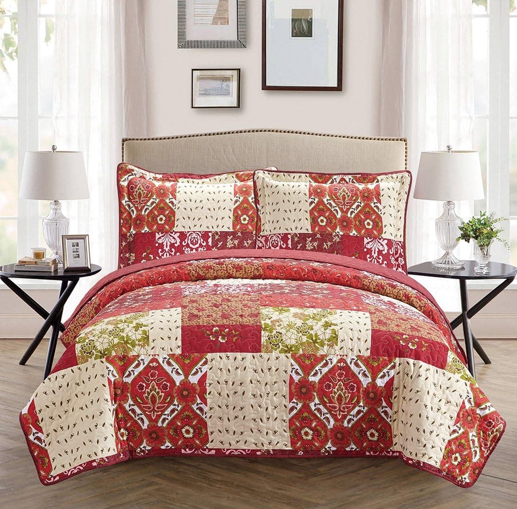 Mk Collection Twin/Twin Extra Long Oversize Reversible Quilted Bedspread Set Patchwork Floral Red Burgundy Green Beige Brown White New
