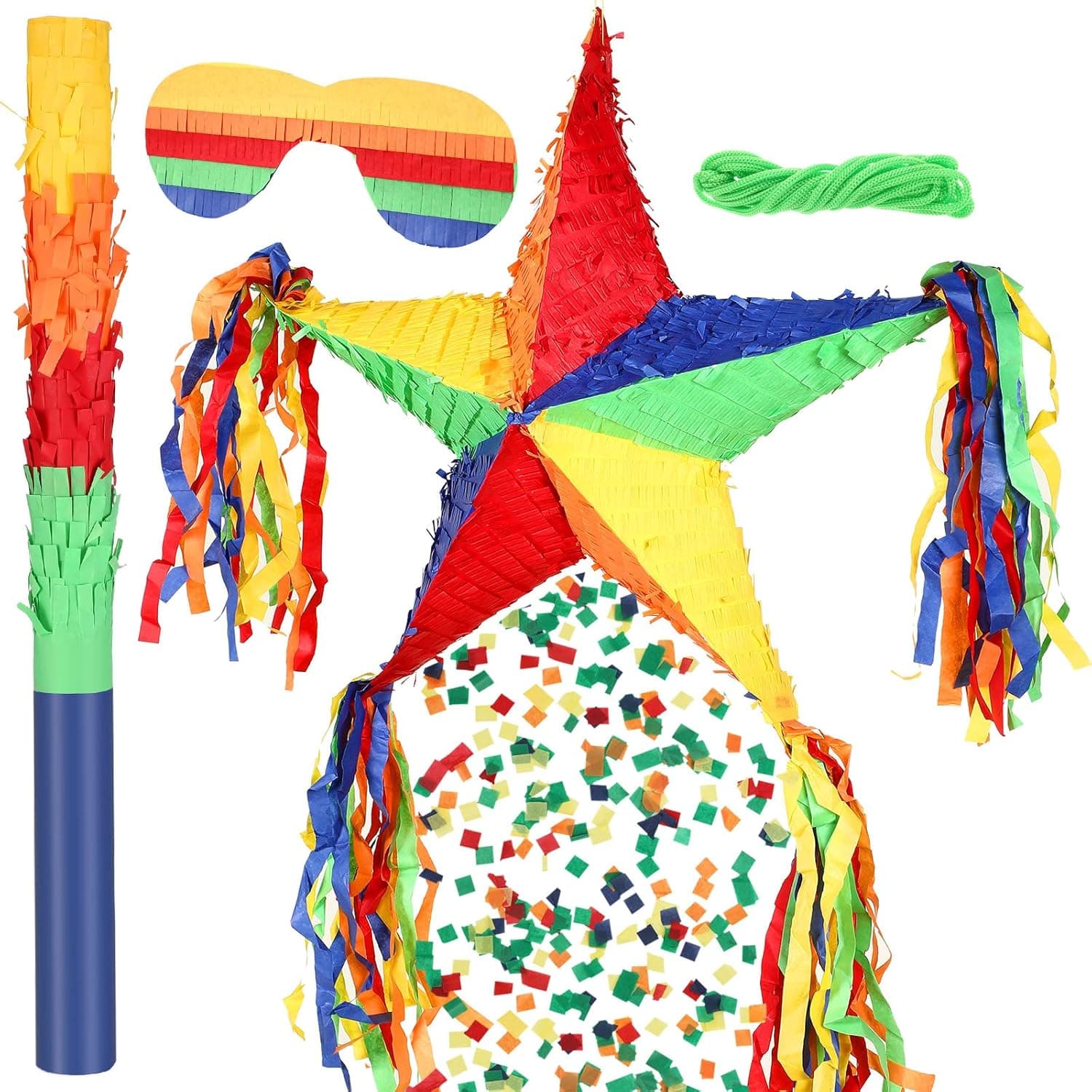 Charniol 4 Pcs Star Pinata for Birthday Party Colorful Foldable with Hanging Rope Festive Stick and Blindfold Kids Adults Fiesta Anniversary Carnivals Festivals Mexican Decorations