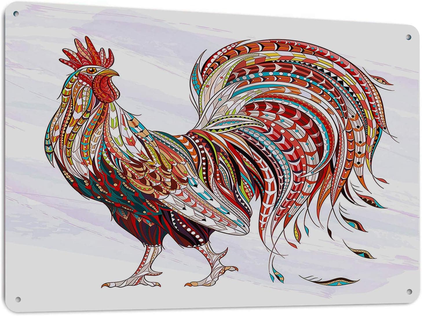AOYEGO Rooster Sign Tin Animal Chicken with Bohemian Aztec Ethnic Feather for New Year Metal Sign Tin Home Wall Decor for Kitchen Bar Pub Women Men 12x8 Inch