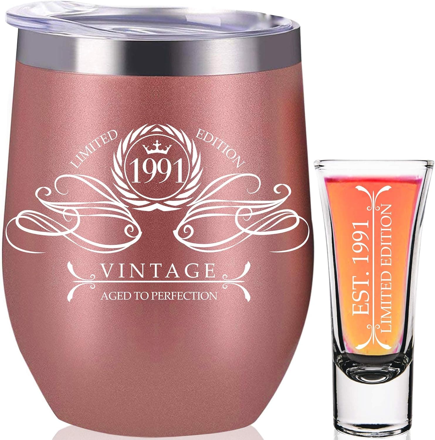 PARIS PRODUCTS CO. Vintage 1991 Aged To Perfection Stainless Steel 32 Wine Tumbler + Shot Glass, 32nd Birthday Gifts For Women, Birthday Decorations, Mom Birthday Gifts, Coffee Tumbler, Sister Gifts