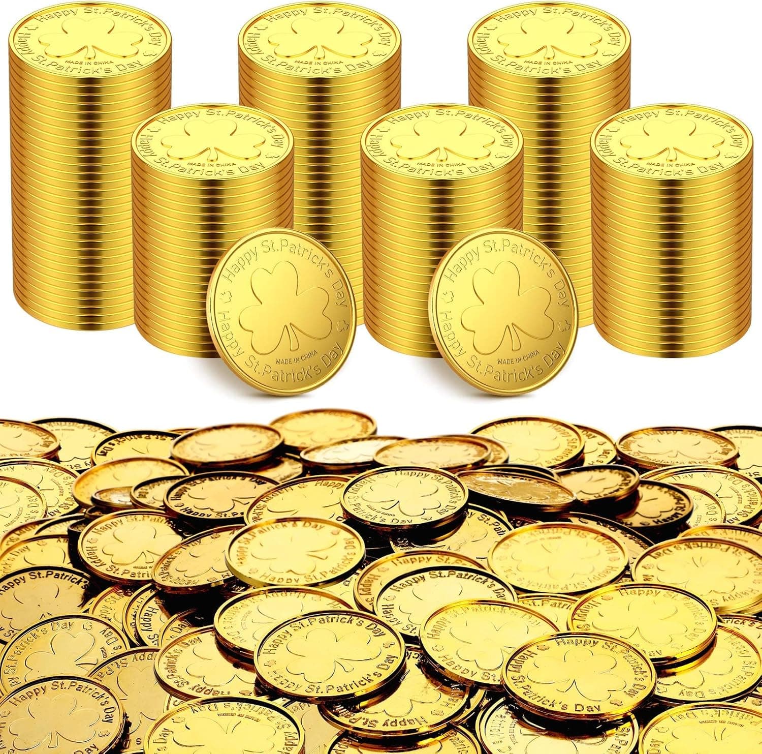400 Pieces St. Patrick's Day Gold Coins Plastic Lucky Coins St Patricks Day Decorations with 3 Leaf Clover Patterns for St. Patrick's Day Holiday Party Decoration Favors, 1.4 Inch (Lucky Style)
