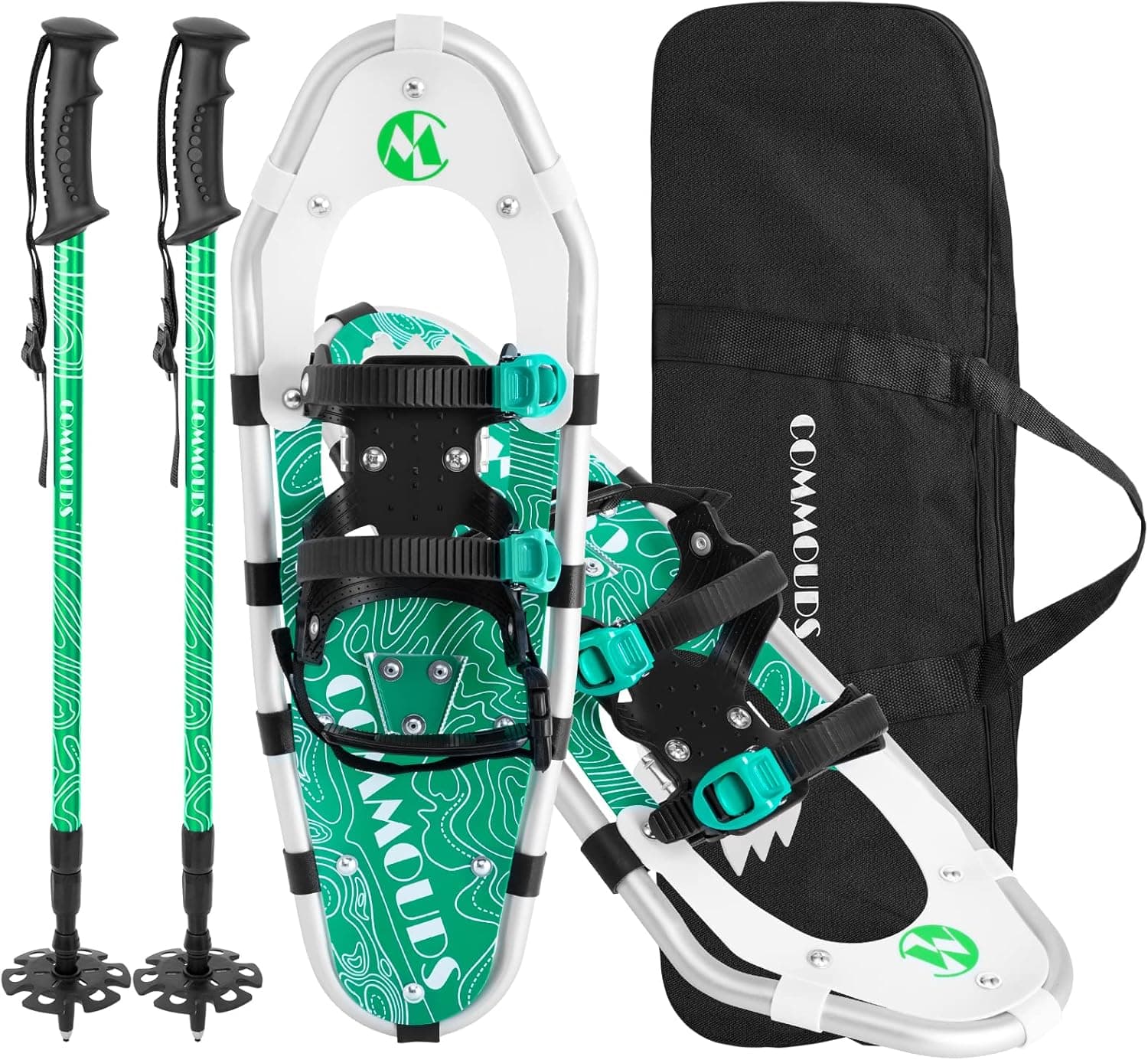COMMOUDS Lightweight Snow Shoes for Men Women Youth Kids, Fully Adjustable Bindings, 14/21/25/30 Inches Aluminum Alloy Terrain Snowshoes with Trekking Poles and Carrying Bag