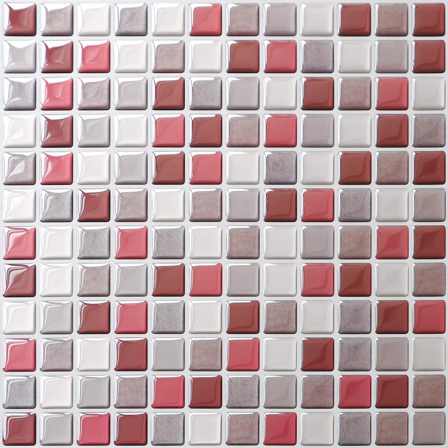 APSOONSELL Self Adhesive Peel and Stick Backsplash, Mosaic Decorative Tile Sticker Wall Decor, 3D Removable Wallpaper for Kitchen Bathroom, 4 Sheet, Red