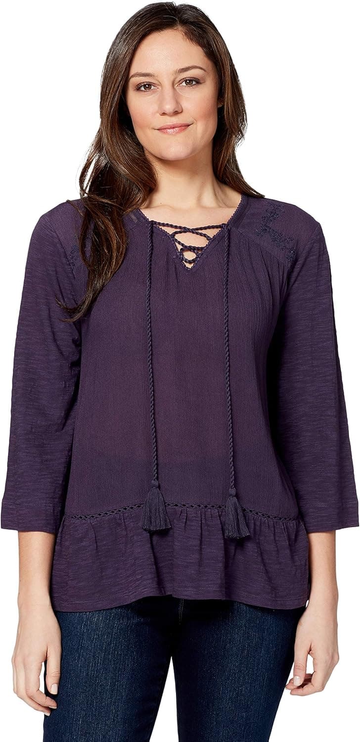 Gloria Vanderbilt Women's Petite Cindy Lace Up Knit to Woven Top, Mauve Berry, PSmall
