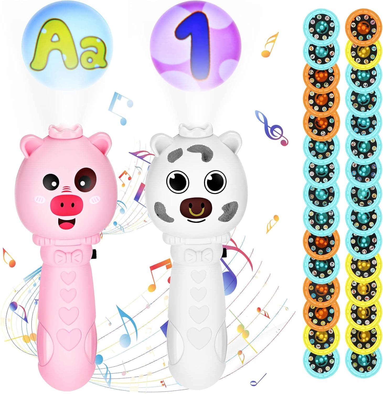 Hortsun 2 Packs Kids Musical Flashlight Projector Baby Flashlight with Soft Light and Music 120 Patterns Include Animal Vehicle Fruit Alphabet Number for Toddler Preschool Educational Learning