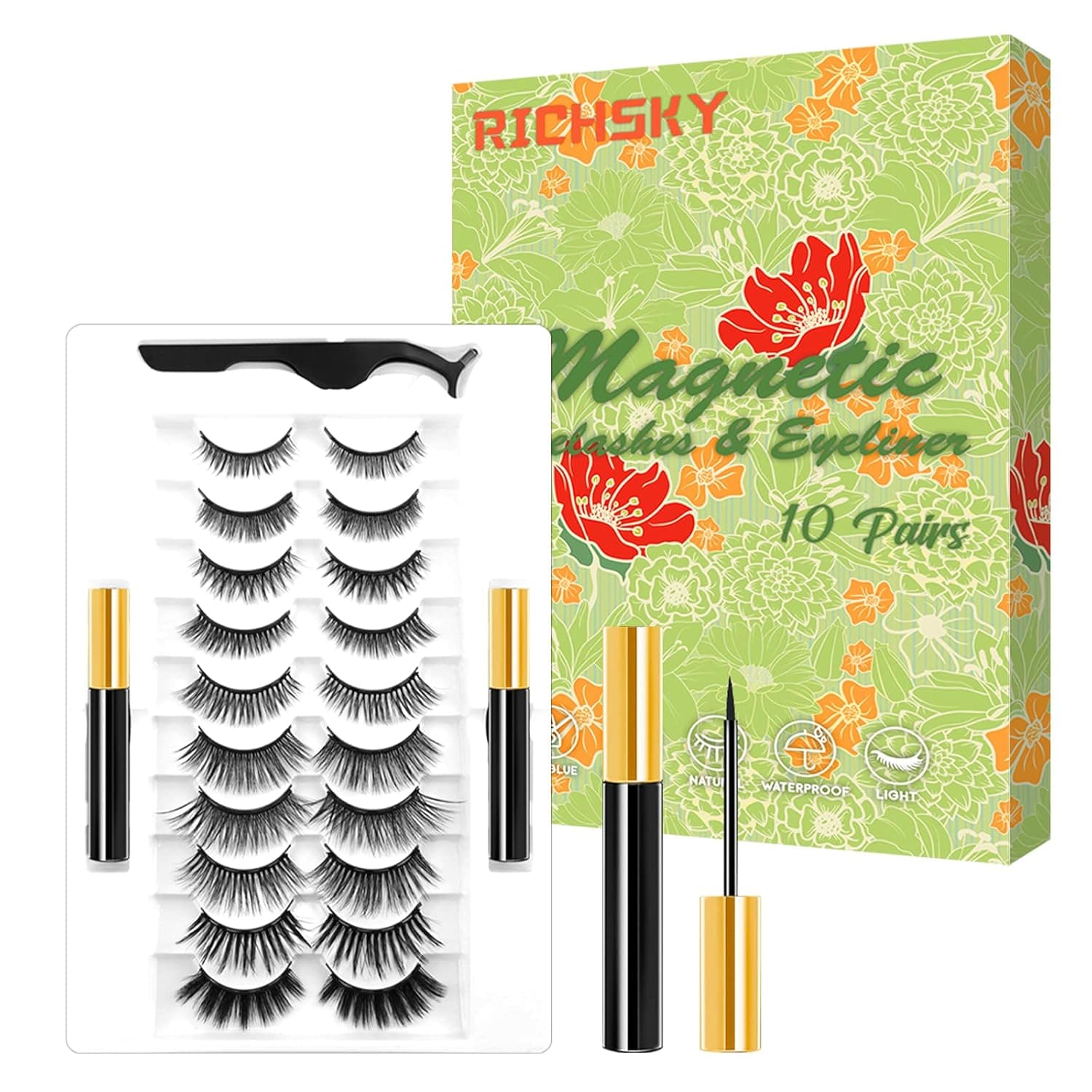Richsky Magnetic Eyelashes Kit,Reusable 3D 5D Magnetic Lashes Set with Waterproof Eyeliner,10 Pairs Mink False Eyelashes Natural Look, No Glue Needed