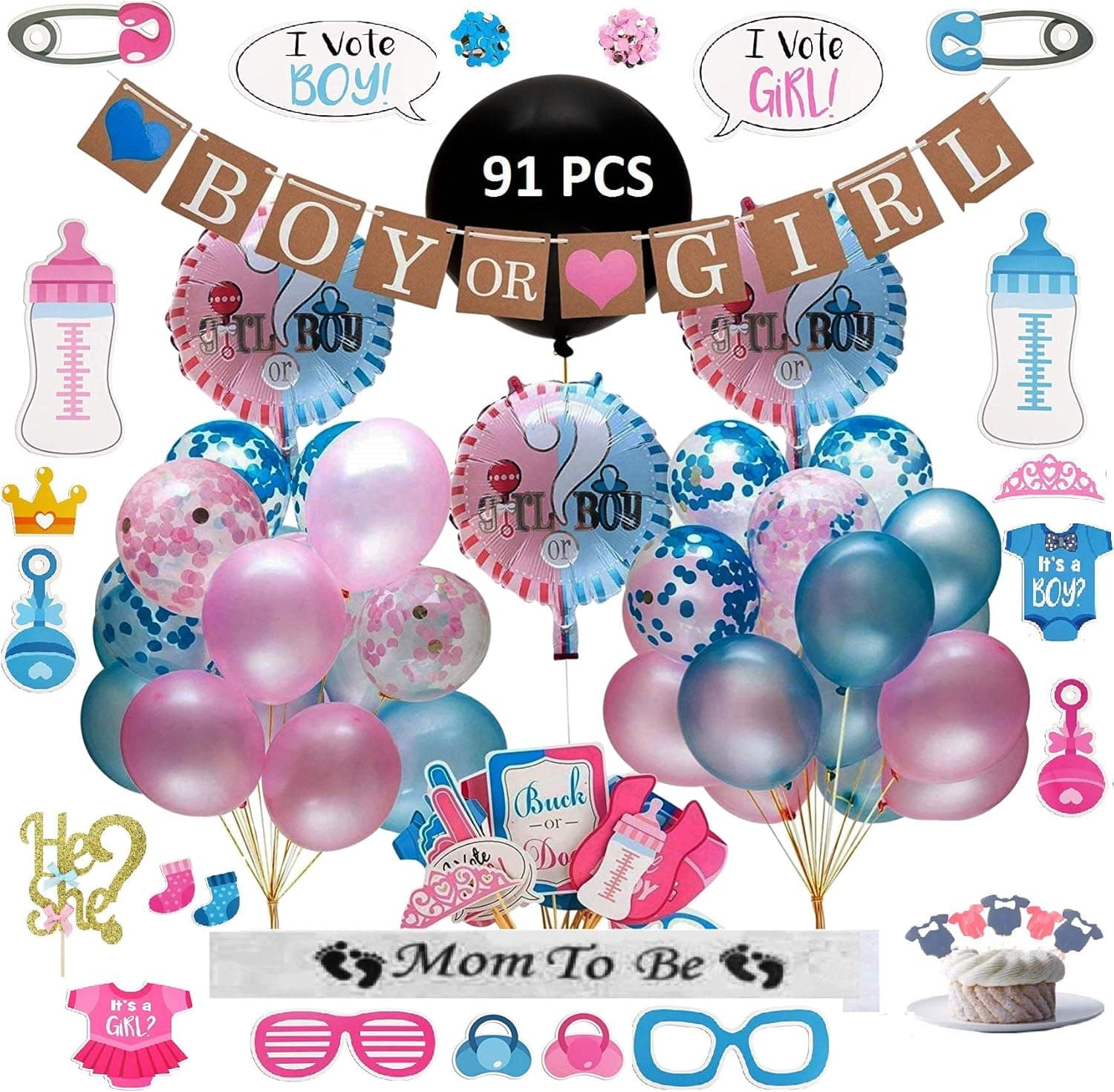 G E CREATION - Gender Reveal Party Supplies (91 Piece Kit) | Premium Quality Decorations Plus Cake & Cupcake Toppers | Keepsake Banner, Sash & Photo Props | 30 Balloons with Blue & Pink Ribbons