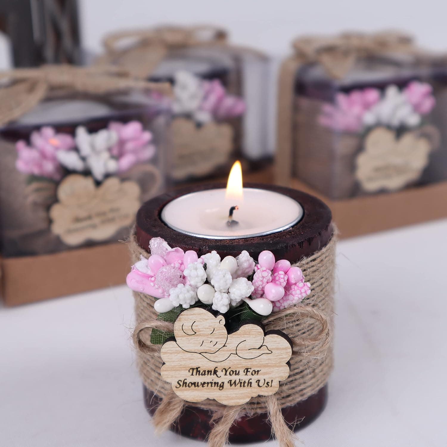 Pack of 10 Wood Candle Holders, Baby Shower Favors for Girls Tealight Candle Holder, Baby Shower Decorations Wooden Candle Holders, Baby Shower Party Favor Tealight Holder (Baby-Pink, Dark Brown)