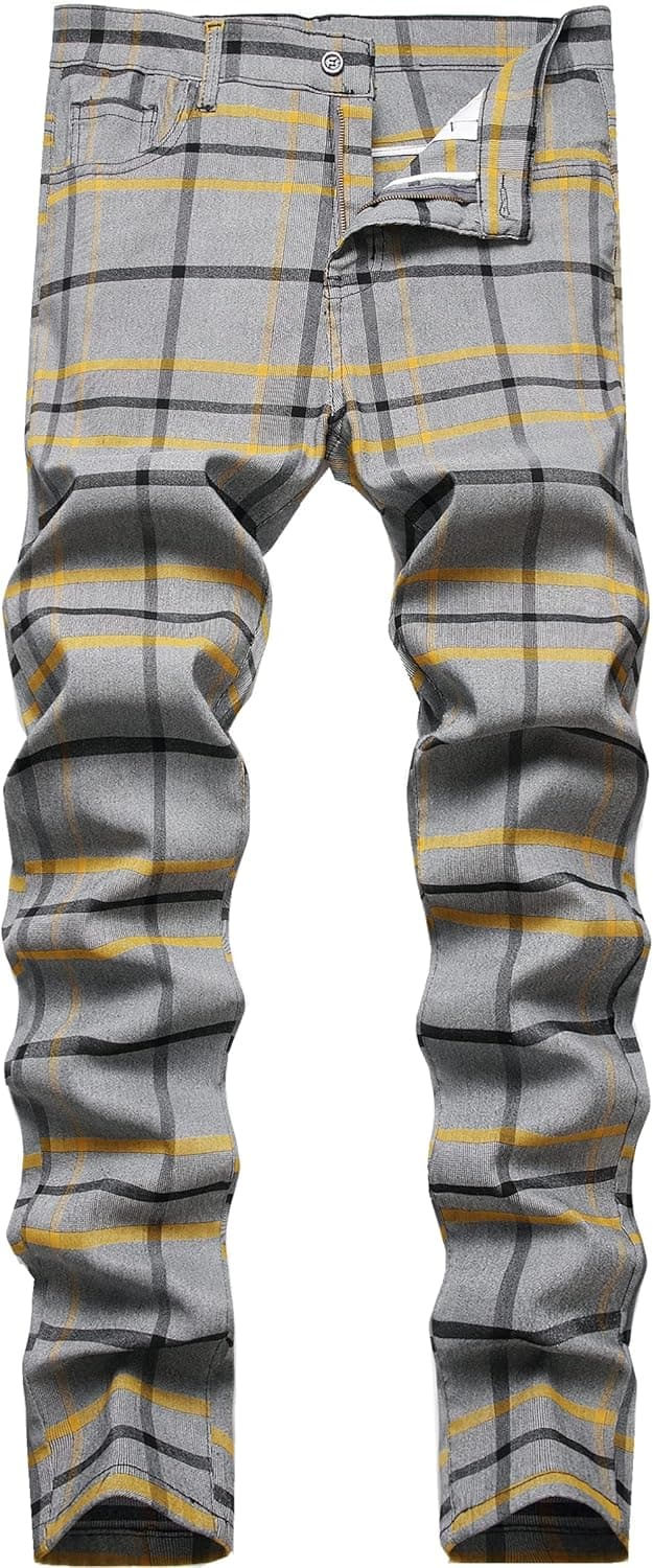 Men's Chino Pants Skinny Fit Plaid Flat-Front Stretch Slim Stylish Casual Business Dress Pants