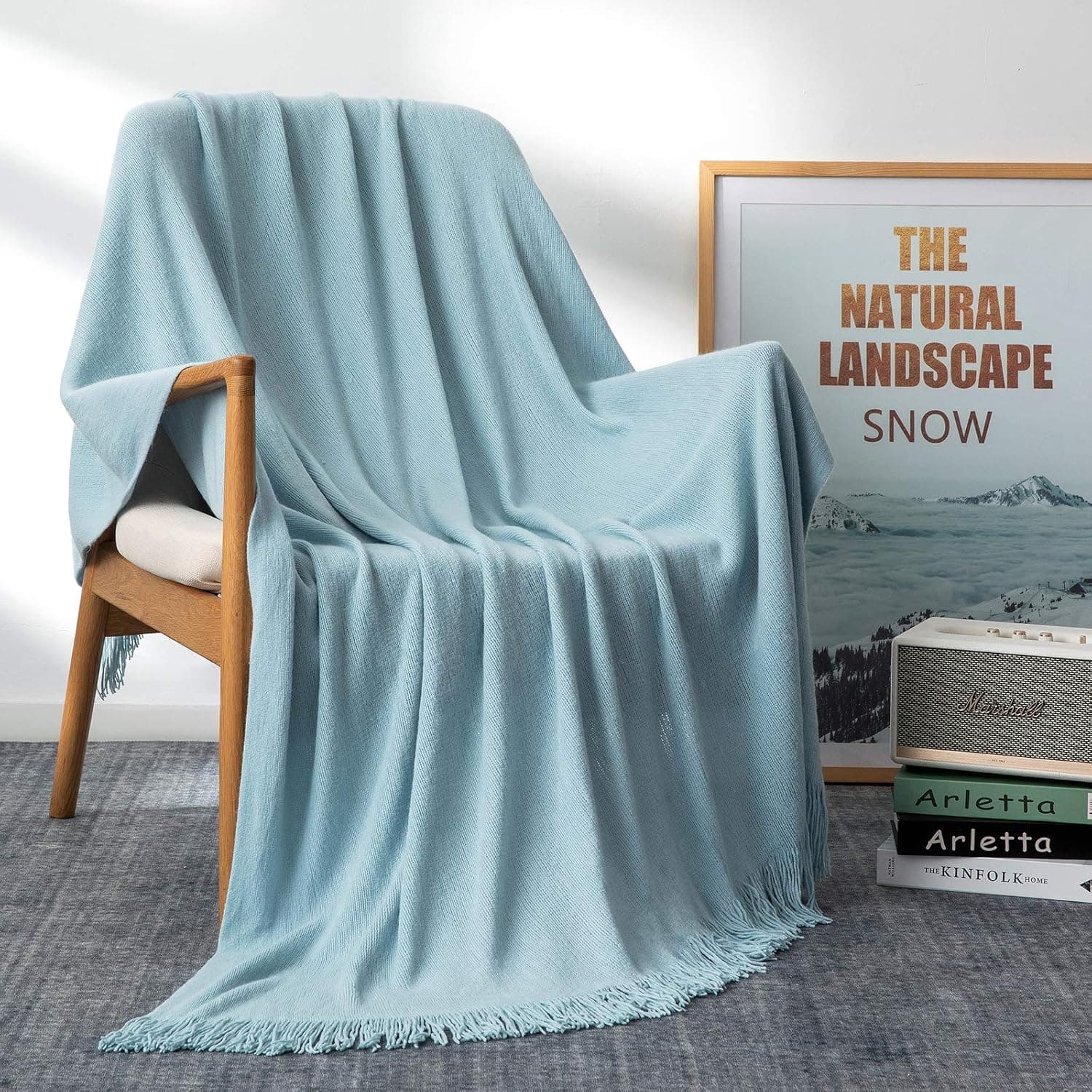 RUDONMG Knitted Throw Blanket with Tassels Soft Warm Cozy Lightweight Knit Blanket for Sofa Couch Cover Home Decor, 51 " x 67", Light Blue