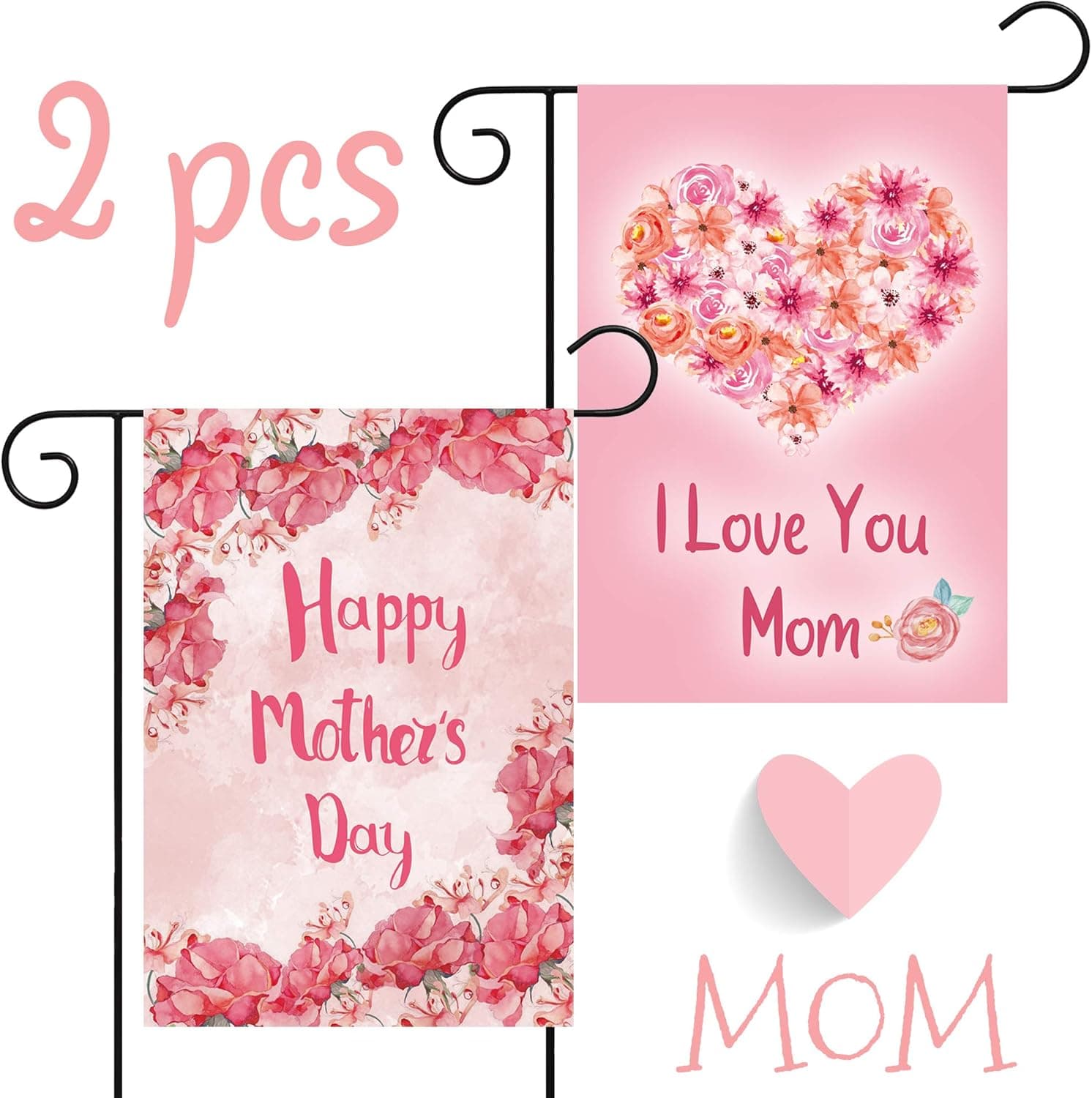 WATINC 2Pcs Happy Mother’s Day Garden Flag and Double Sided I Love You Mom House Flag with Flowers, Indoor Polyester Party Decor Flags for Celebration, Festival Home Outdoor Flag Garden 12.5 x 18 Inch