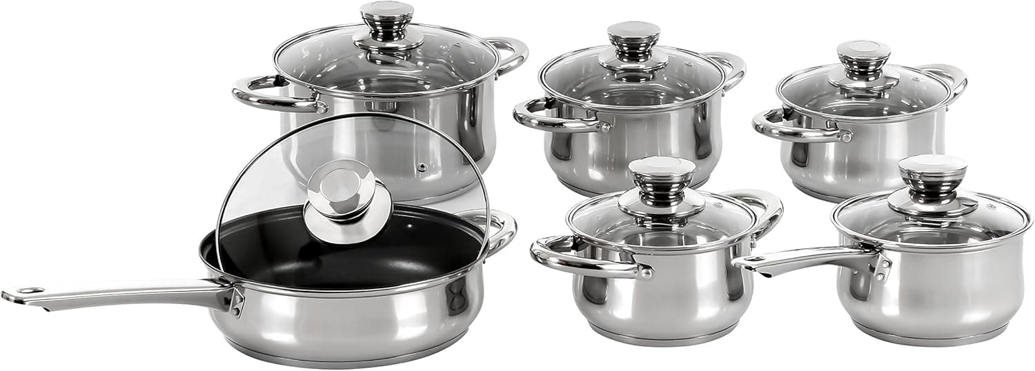 Concord Cookware 12-Piece 5-Layered Bottom Pot Pan Saute Cookware Set, 18 by 10-Inch, Stainless Steel