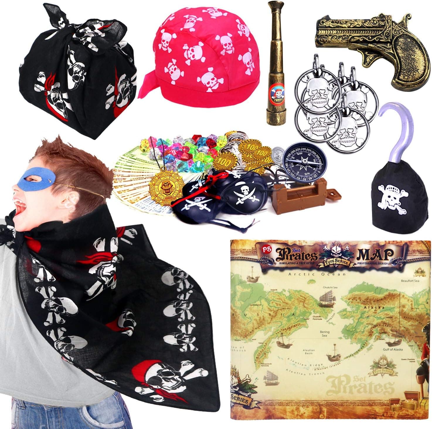 Leesgel 181pcs Pirate Decorations, Pirate Treasure Chest for Kids + Pirate Accessories, Pirate Party Supplies Favors Decor