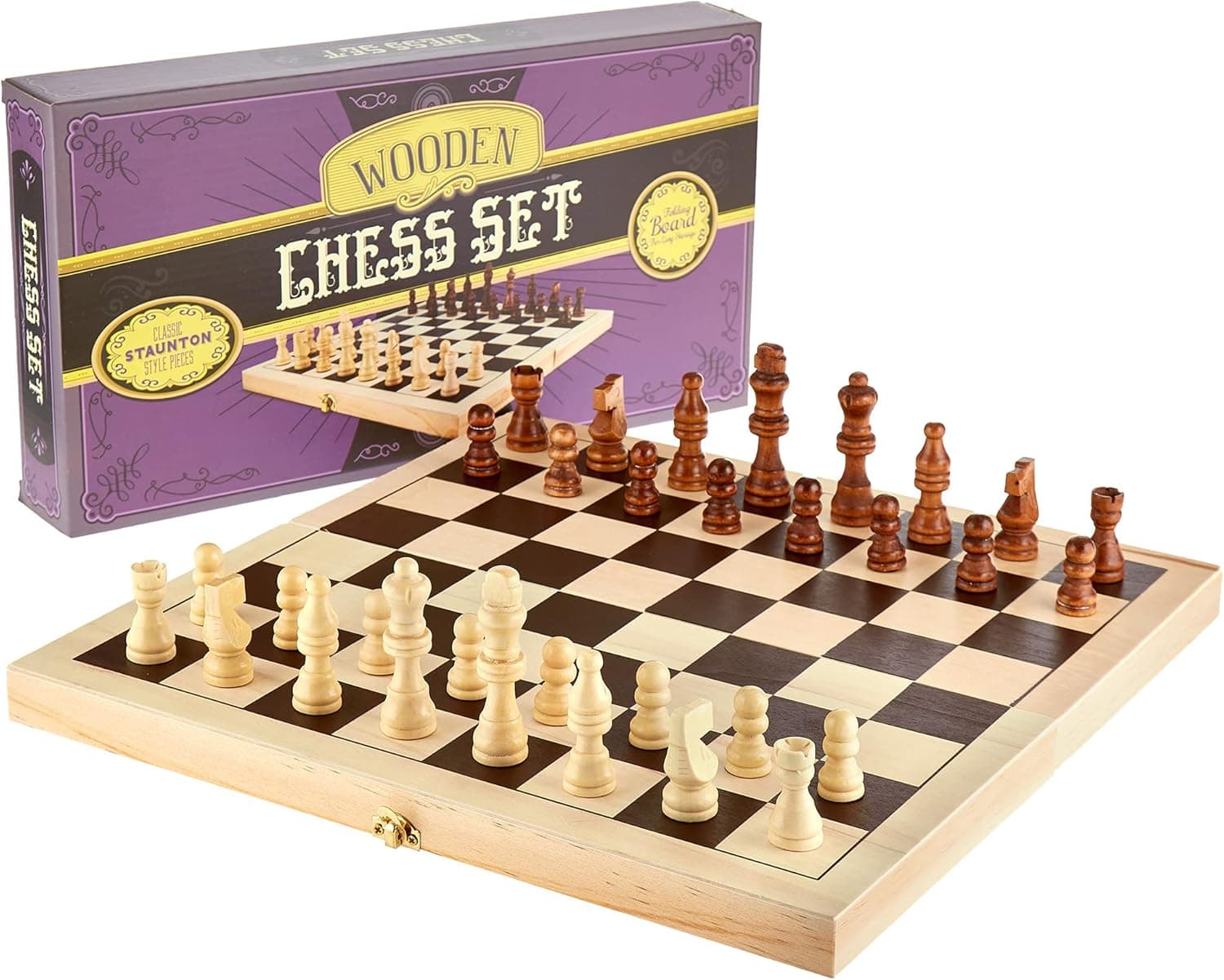 Brybelly Natural Wooden Folding Chess Game with Staunton Wood Carved Pieces, 14-Inch