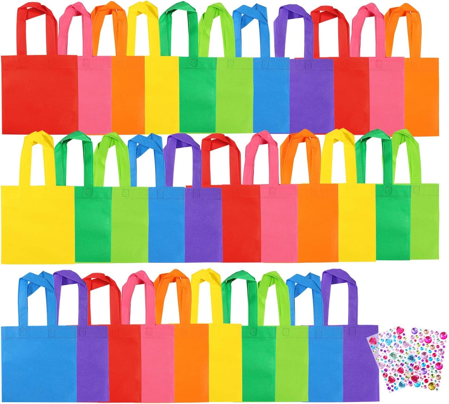 Aneco 32 Pack Non-Woven Party Bags Treat Bags with Self-Adhesive Rhinestone Sticker Multicolor Gift Bag Tote Bags with Handles for Party Favor, 8 by 8 Inches