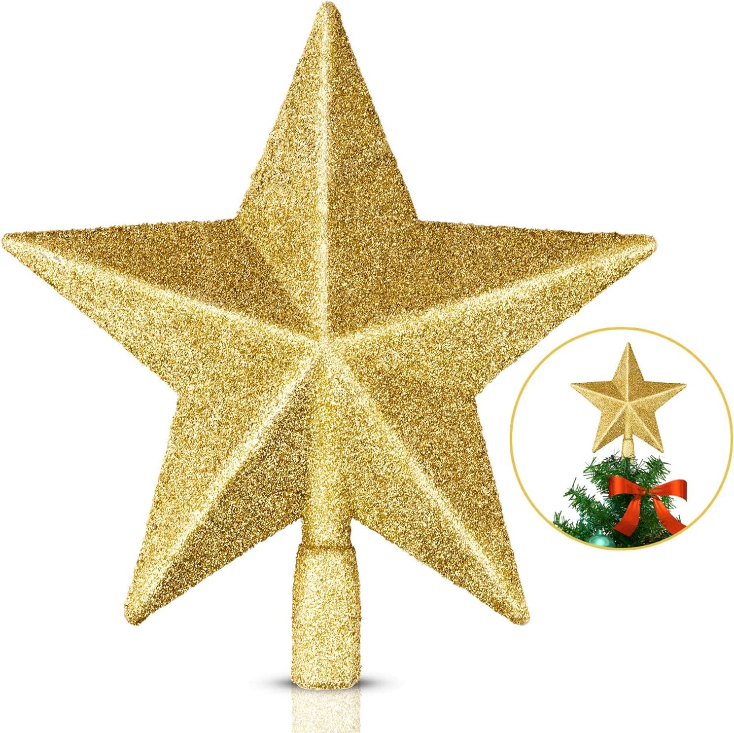 EAONE Christmas Tree Topper Star, 8" Gold Glittered Christmas Tree Decoration for Party Home Decor Holiday Ornament Shatterproof