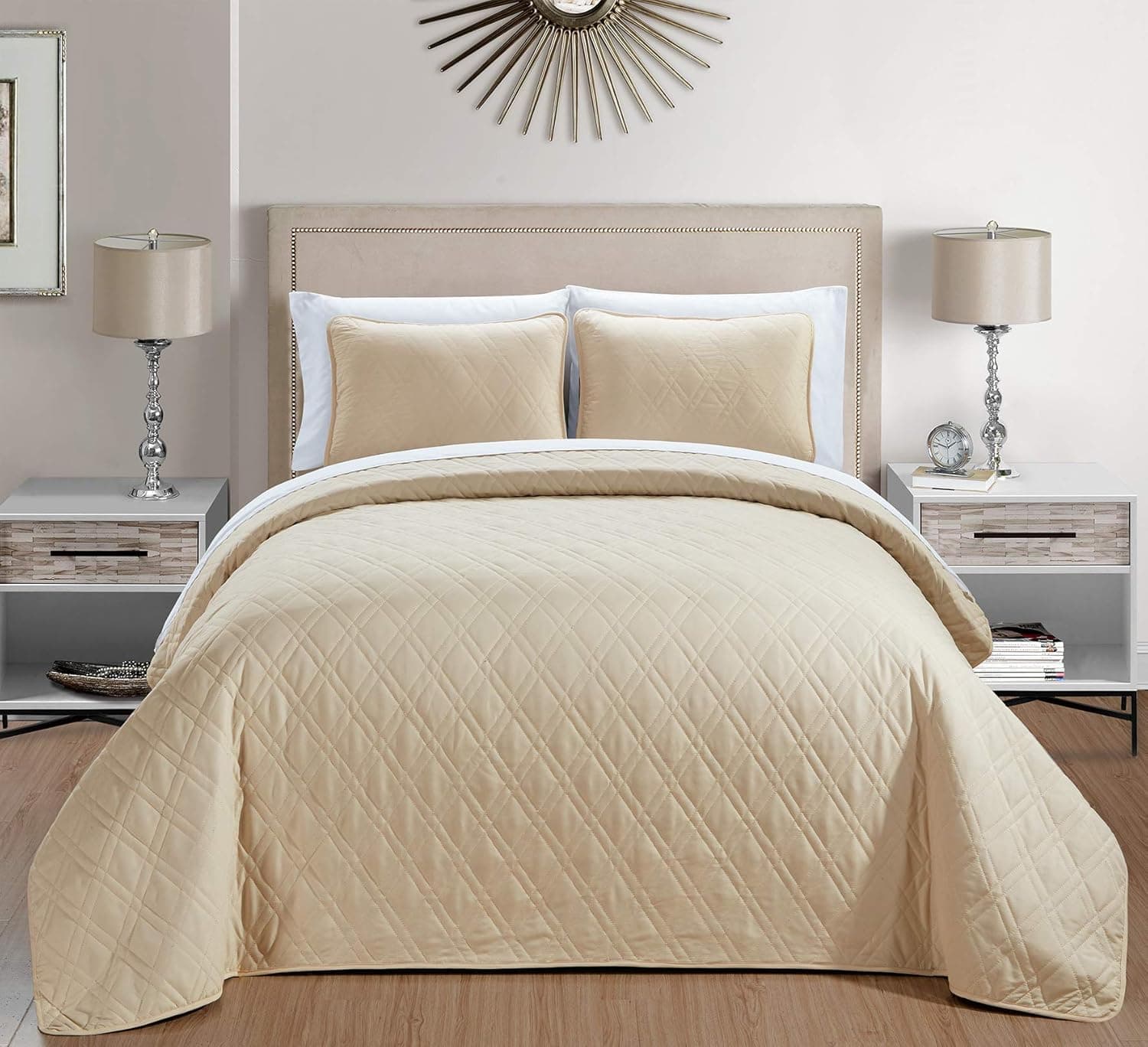 GrandLinen 3-Piece Solid Cream Beige Primrose Quilt Set Reversible Bedspread Coverlet King Size Bed Cover