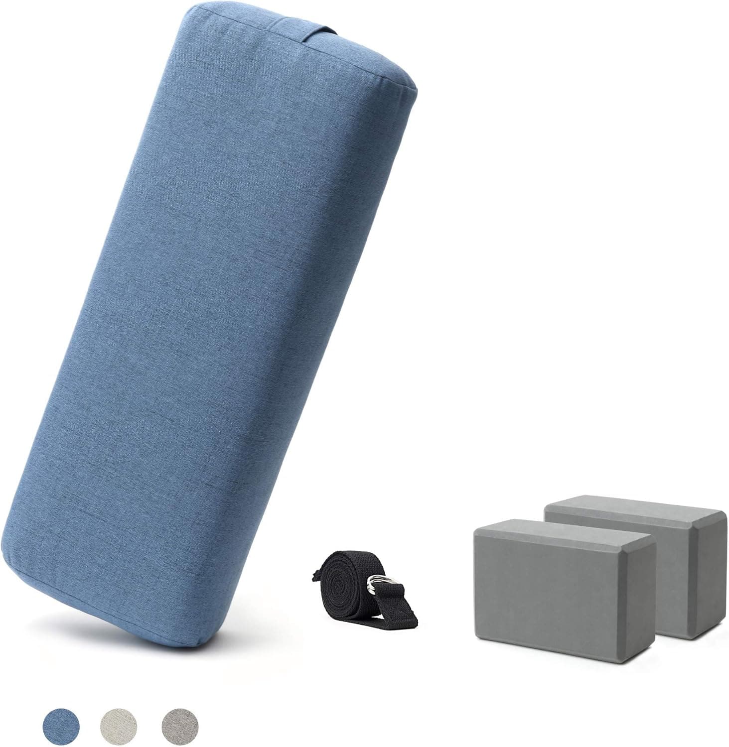 Satya Living Yoga Bolster Set for Restorative Yoga and Meditation - Including Rectangular Bolster with Organic Cotton Cover & Kapok Filling, 2 Yoga Blocks, 1 Yoga Strap