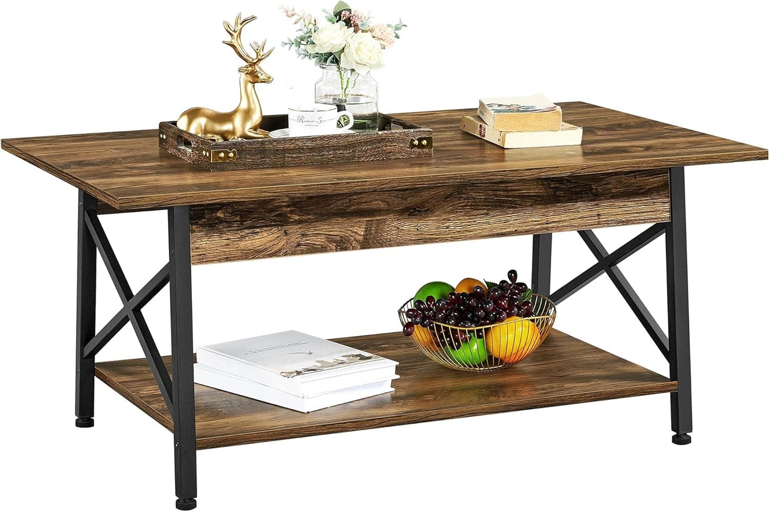 Yaheetech Industrial Coffee Table for Living Room, 2 Tiers Cocktail Table w/Storage Shelf, X-Shaped Side Metal Frame Rustic Farmhouse Style Rectangular Table, Dark Brown