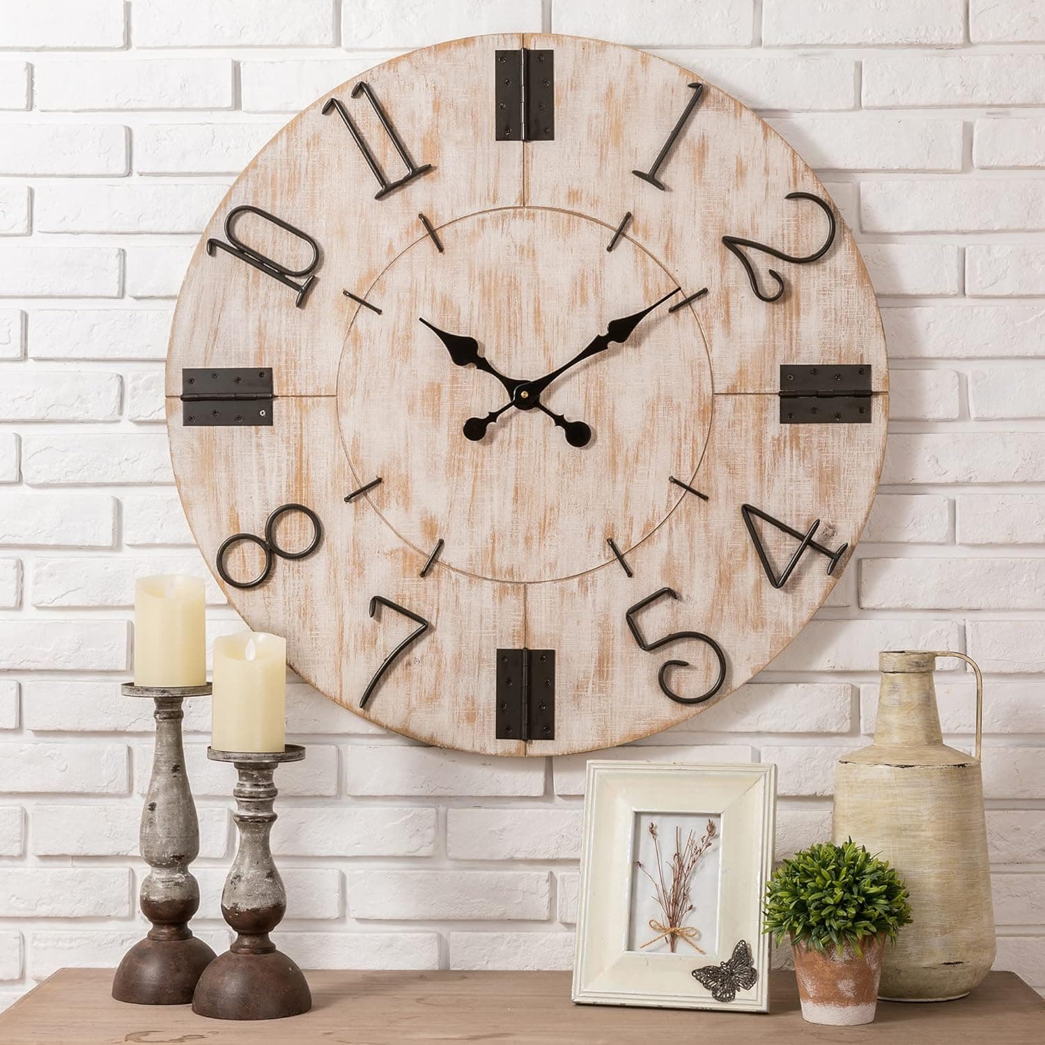 glitzhome 31.7" D Large Decorative Wall Clock, Round Wooden Farmhouse Battery Operated Clocks with Numerals Wall Decorative for Kitchen Living Room Bedroom Office School