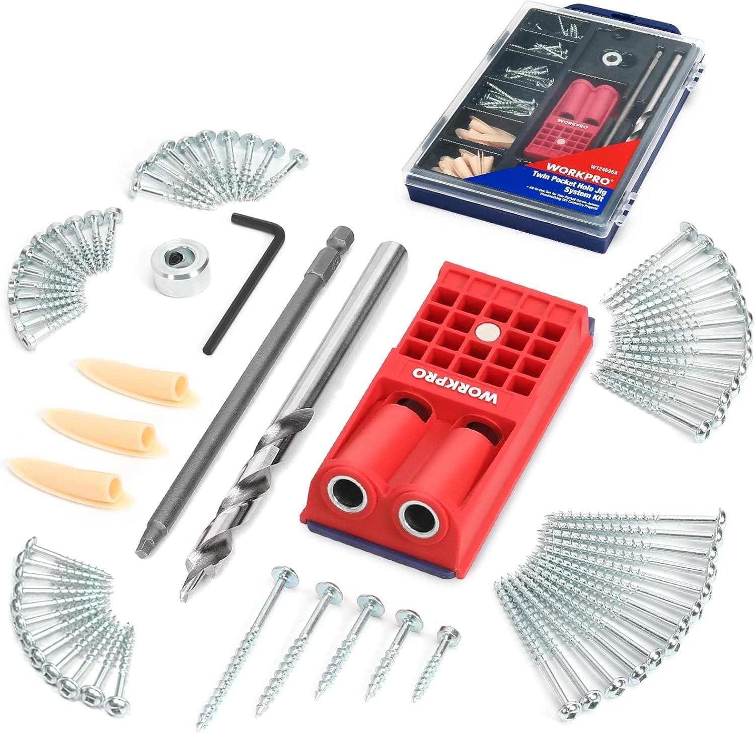 WORKPRO Pocket Hole Jig Kit, 100 Pieces Coarse Square Driver Screws for Pocket Screw Jig, with Plastic Plugs and Storage Case