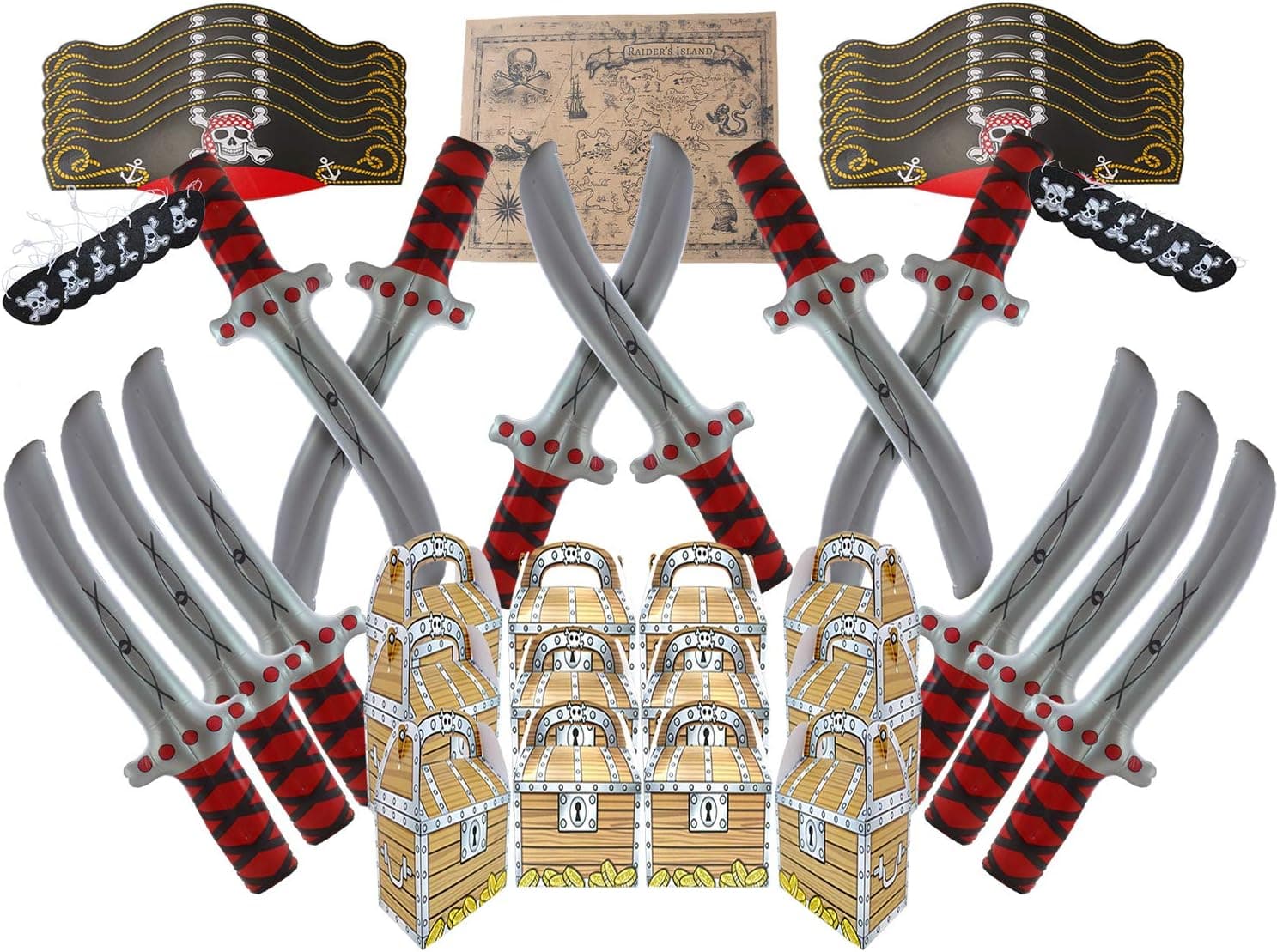 Pirate Birthday Party Supplies Bundle With Jumbo Inflatable Swords, Hats, Eye Patches, Favor Boxes and Authentic Code of Conduct Great for Birthday Parties and Pirate Events By Well Pack Box