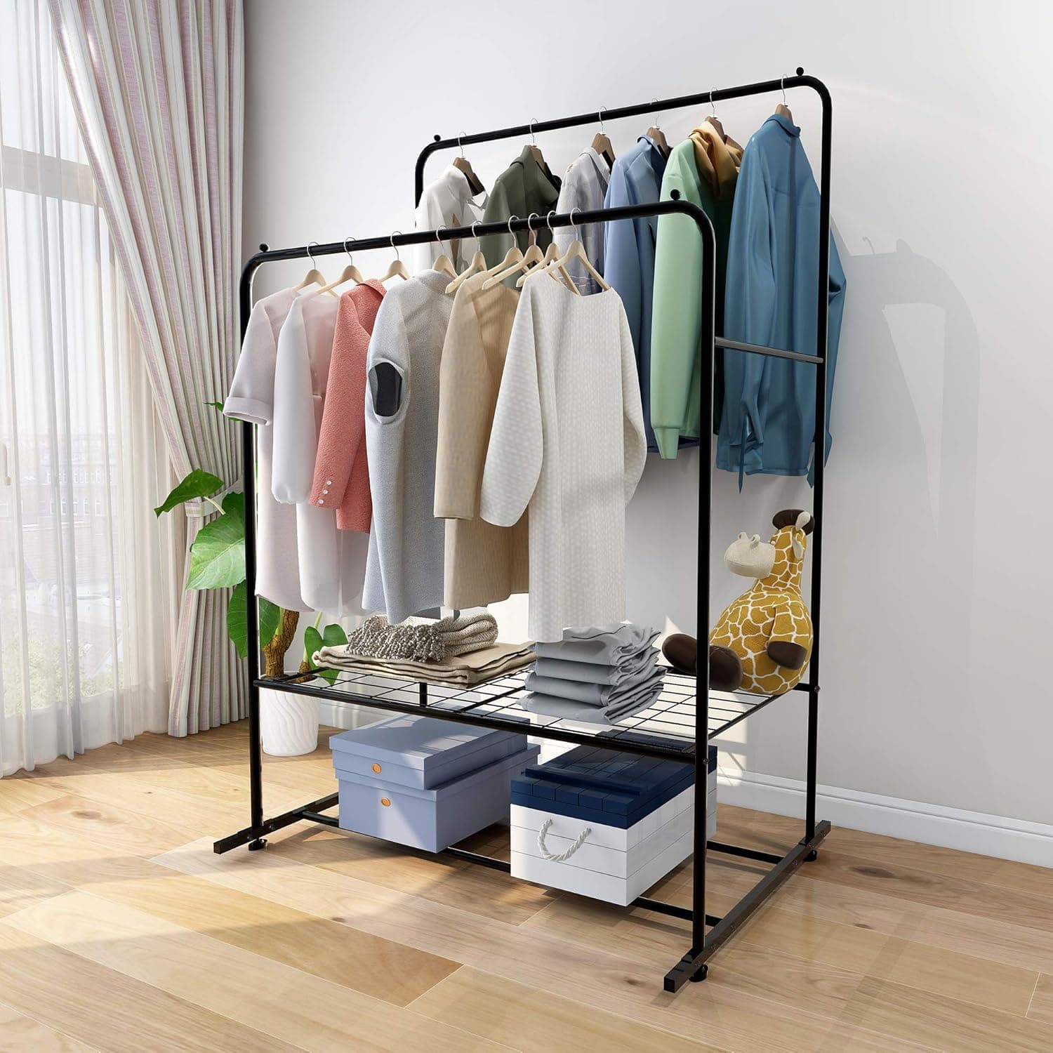 Double Rail Clothes Rack Metal Garment Rack with 2-Tier Bottom Shelves Portable Space-Saving Hanger Hanging, Black