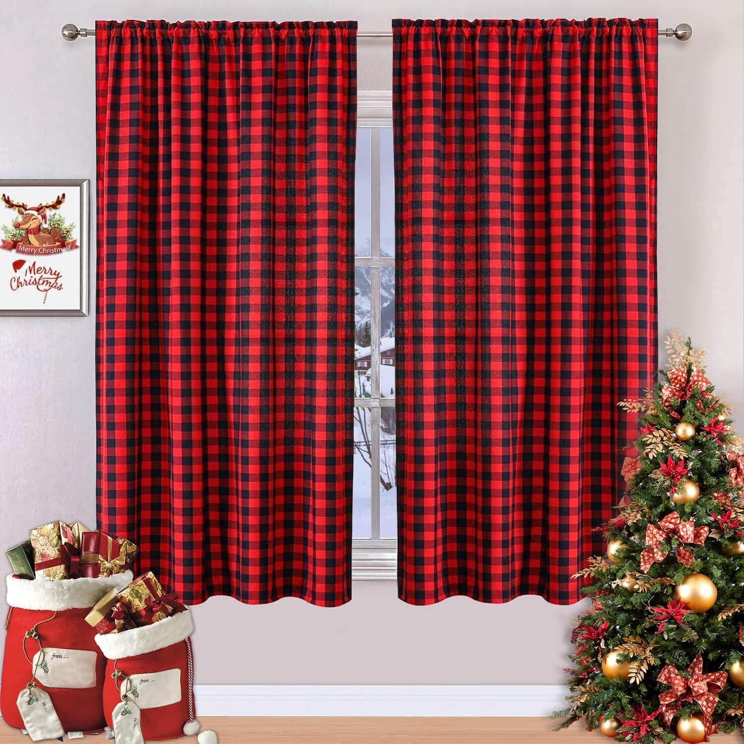 WUBODTI Christmas Red Plaid Curtains 63 Inches Long 2 Panels, Red and Black Buffalo Checkered Room Darkening Kitchen Curtain Faux Cotton Linen Gingham Drapes for Farmhouse Bedroom Small Window