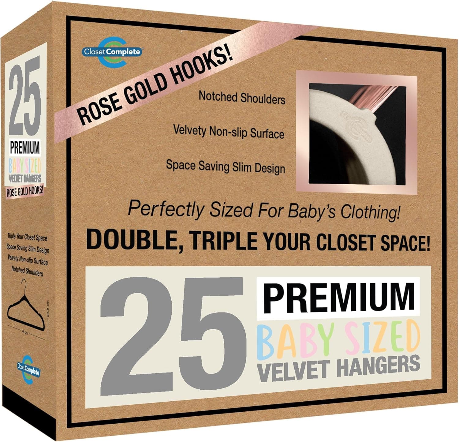 Closet Complete Baby Velvet Hangers, Premium Quality, True-Heavyweight Virtually-UNBREAKABLE, Ultra-Thin Space Saving No-Slip, Perfect Size for Baby 0-48 months 360° SPIN, ROSE GOLD Hooks, IVORY, 25pc