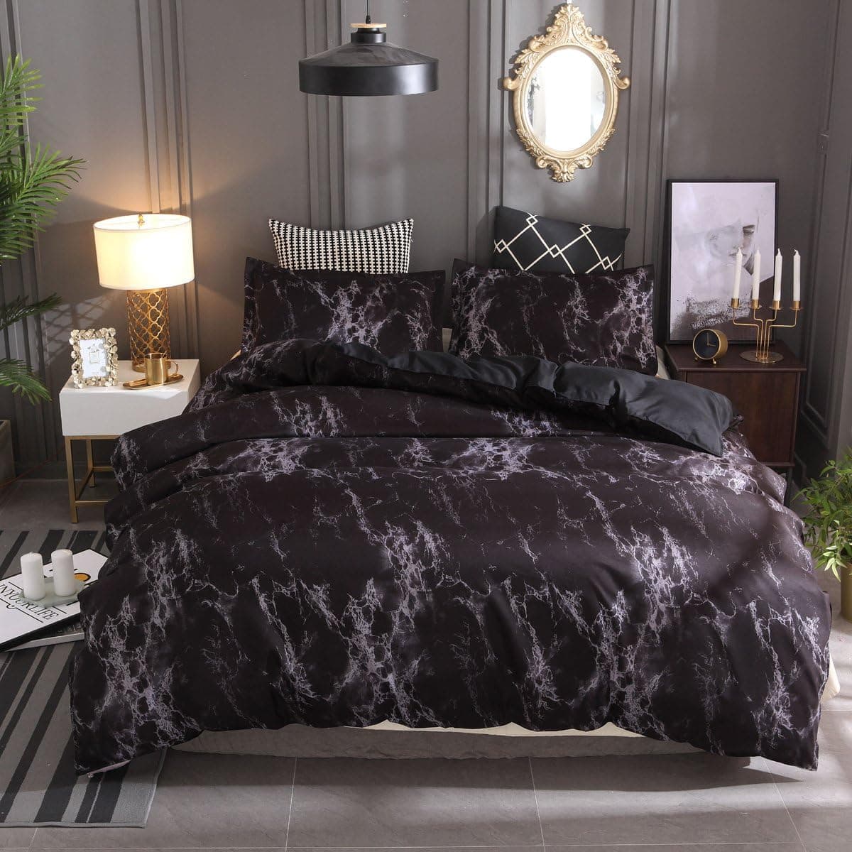 Mengersi Duvet Cover Set Marble Bedding Set with Zipper (Twin, Black Marble)